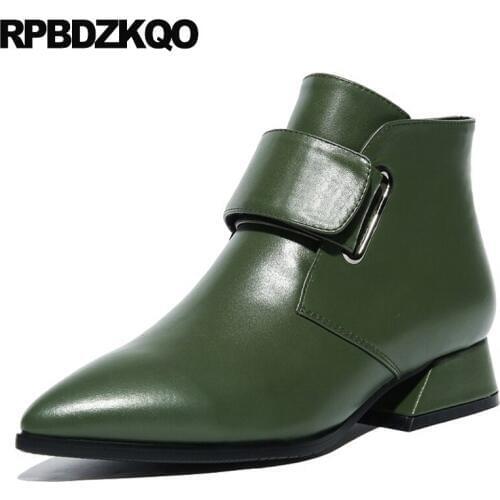 Pointed Toe Ladies Waterproof Winter Boots Women Trend Low Heel Fur Belts Genuine Leather Shoes Chunky Green Short Ankle Booties