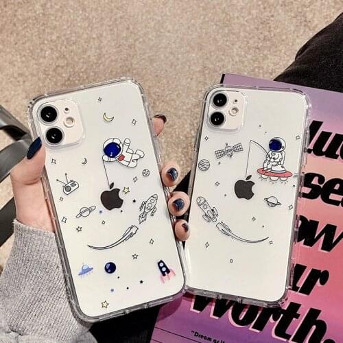 Transparent Cartoon Astronaut Spaceship Phone Case For iPhone 11 12 Pro X XR XS Max SE 2020 7 8 Plus Shockproof Soft Back Cover