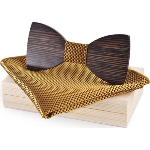 Dropshipping wenge tie made of wood wedding womens uniform black walnut wooden bow tie set for men with kerchief
