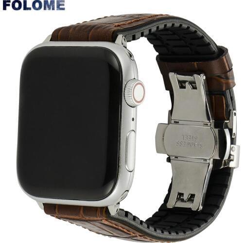 Brown/Black Butterfly Buckle Bracelet for Apple Watch Band 44/40mm 42/38mm Classic Leather Strap for iWatch Series 6/5/4/3/2/SE