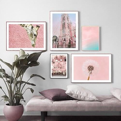 Pink Church Dandelion Giraffe Poster Wall Art Landscape Canvas Painting Nordic Canvas Painting Wall Art Pictures For Bedroom