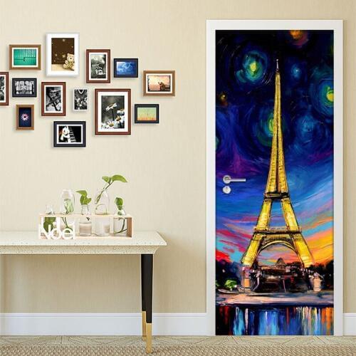 Hand Painted Oil Painting Paris Tower 3D PVC Self-adhesive Door Stickers Wallpaper Home Decor Living Room Study Door Sticker Art