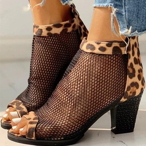 2021 Sexy Mesh Leopard Print Sandals Summer Women Open Toe Zipper Mid-cut Block Heel High Heel Breathable Party Dress Shoes