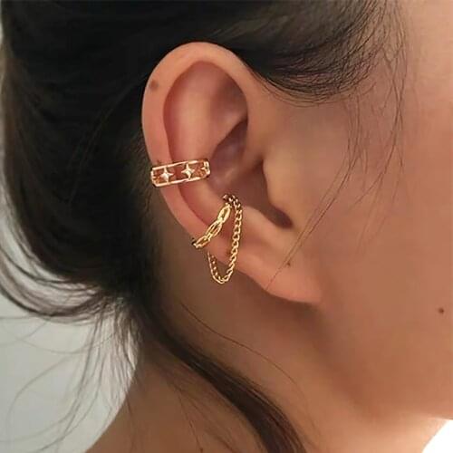 Punk Rock Gold Color Clip Earrings No Piercing Trendy Link Chain Earcuffs Statement Cartilage Earrings for Women Party Jewelry
