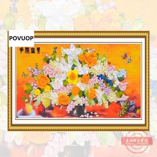 POVUOP high Quality ribbon embroidery ribbon embroidery rich flowers 42X70cm
