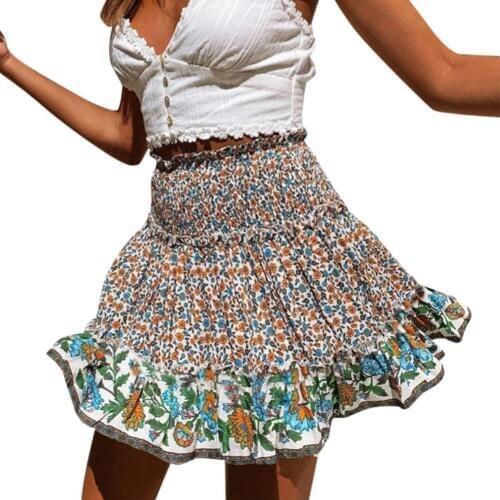 2020 New Womens Skirts Sexy Summer Ruffled Floral Print Elastic Tight High Waist Short Skirt