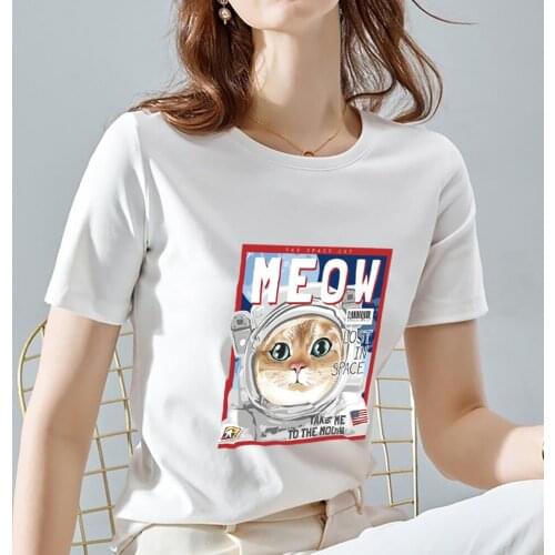 Summer T-shirt Vogue Womens Street Wild Round Neck Commuter Cartoon Cute Aerospace Cat Print Slim Breathable Ladies T-shirt