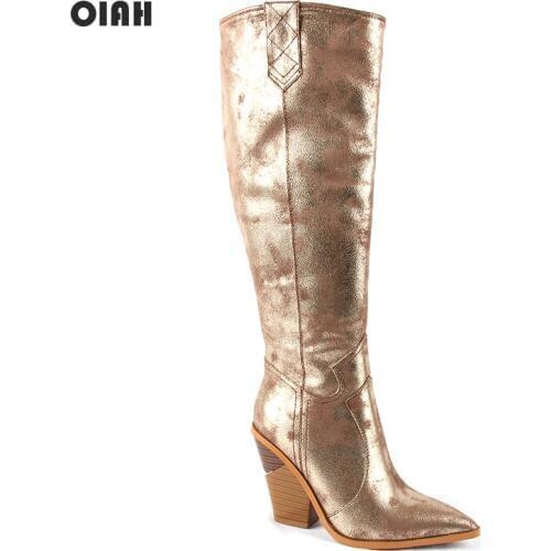 Gold Cowboy Kine High Boots for Women Wedge High Heel Boots Pointed Toe Western Cowgirl Boots 2019 Woman Autumn Winter Shoes
