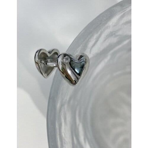 VSnow French Minimalist Silver Color Metallic Love Heart Clip Earring for Women Shining Rhinestone Double Earring Jewellery