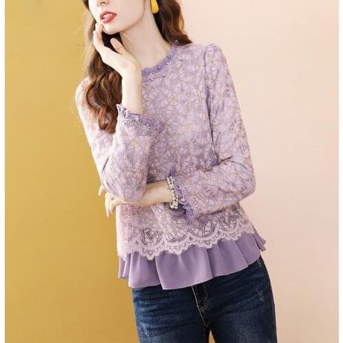 Woman Sweaters Ladies Long Sleeves Lace Top Womens Autumn Gas Hollow-out Short T-shirt Loose Crew Neck Blouse