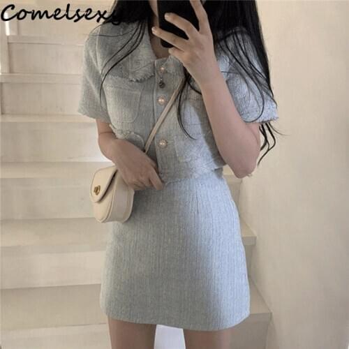 Blue Vintage Elegant Korean Two Piece Skirt Suits Sets Women Short Sleeve Coat + Mini A-line Skirt Outfits Fashion Ladies Sets