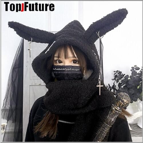 Harajuku Punk Gothic Bunny Ear Cross Black Beret Hat Women Casual Rock Lace-Up Bucket Hat Chic Streetwear Hip Hop Caps
