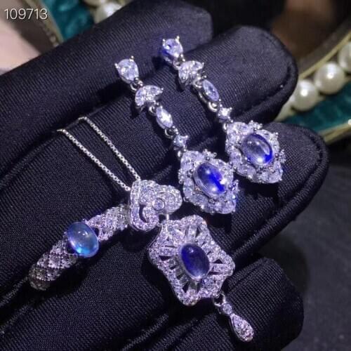 Natural blue moonstone gem 925 sterling silver ring earrings Pendant natural gemstone Jewelry Set Retro square girl party gift