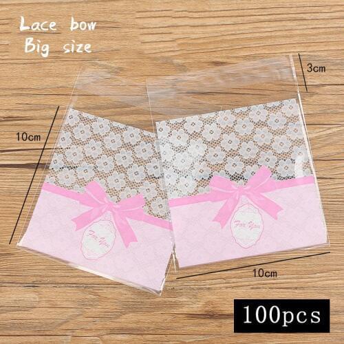 100pcs/lot 10x10 Cookies Packaging Bag White Lace Flower Pink Bow Homemade Snack Food Packaging Party Baking Biscuit Candy Bag