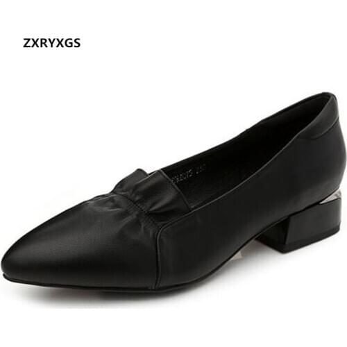 2021 New Pointed Genuine Leather Shoes Women Thick Heel Low Heel Shoes Large Size Soft Sole Comfort Fashion Shoes Woman Shoes
