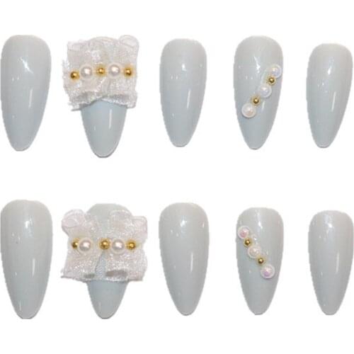 24Pcs Glossy Gray Artificial Fake Nails Pearl Inlay For Design Fashion Lady Long False Nails Full Cover Manicure Fingernails