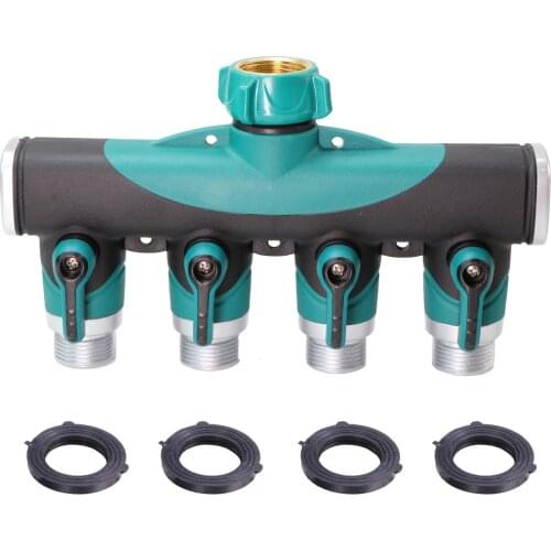 4-Way Water Splitter Zinc Alloy Body Shut Off Valve Faucet Adapter w/ Rubber 3/4'' Solid Connector NPT BSP Thread Garden Hose
