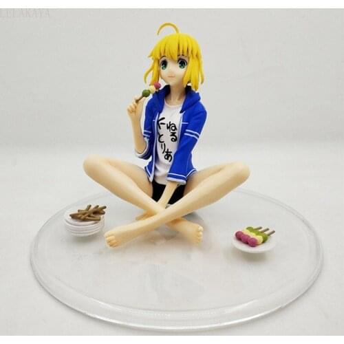 Anime Fate Artoria Pendragon Saber Sitting Eat Meatball posture PVC Collection Model Action Figure Cute Doll Gift For kids 14cm
