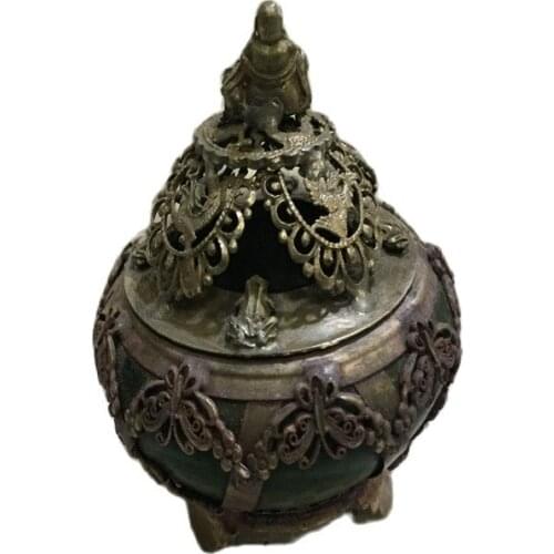 Antique jade inlaid incense burner White Copper Miao silver incense burner butterfly incense burner accessories