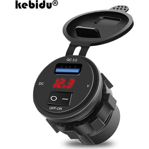 Phone Fast Charging Motor Power Adapter with Switch LED Voltmeter Voltage Display Vehicle QC 3.0 USB 18W DC 12V-24V Waterproof