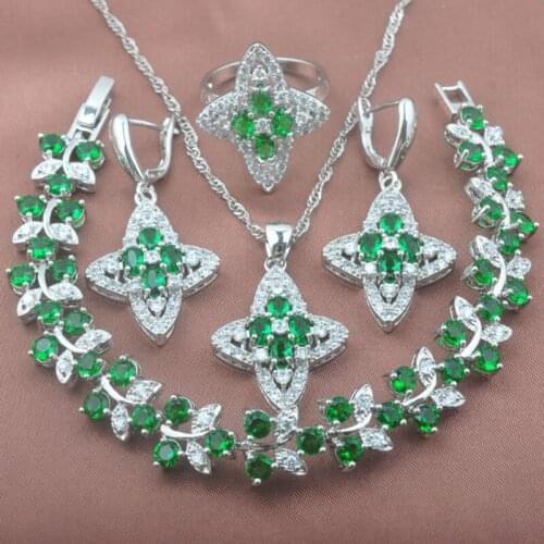 Shining Silver Color Jewelry Sets Green Zirconia Womens Wedding Jewelry Bracelet Necklace Pendant Earrings Ring YZ0342