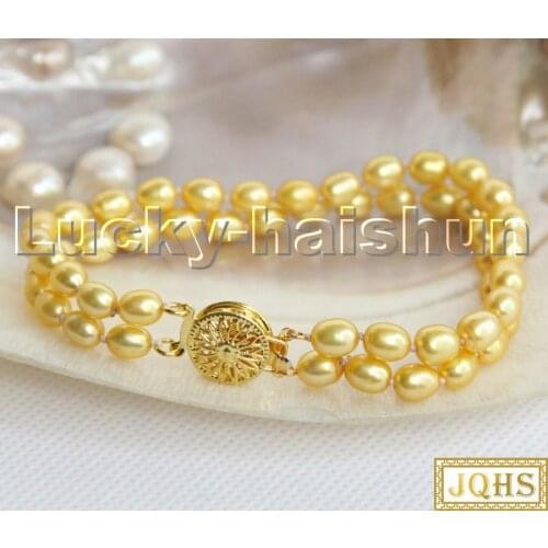 AAAA 8" 2row Baroque pear rice golden freshwater pearls bracelet c155