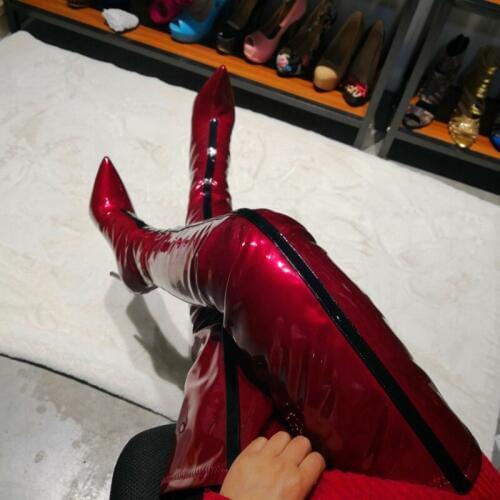 FGHGF New Elegant Women Over-the-Knee Boots Wine Red 12cm Pointed Toe Thin Heels Boots Shoes Woman