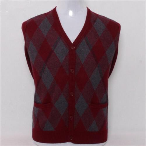 Large size goat cashmere jacquard knit men fashion argyle thick cardigan sweater claret 2color S/4XL