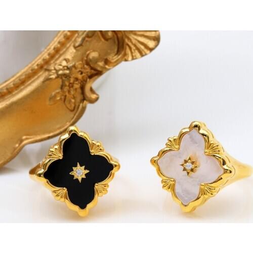 18K Gold Tone Black Agate Clover Bridal Rings 925 Silver Floral Lucky Zircon Luxury Celtic Wedding Ring Premium Fine Jewelry