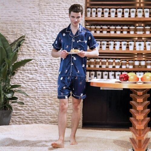 Mens Sleepwear Set Robes Set Silk Stain pijama Summer Man Pjamas Red Navy Black Short Sleeve Pants Sexy Nightwear for Men