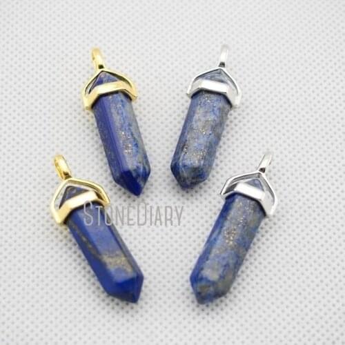 H-PP05 10pcs Lapis lazuli Crystal Pillar Pendant Healing Crystal Point Pendant with silver or Gold Bail
