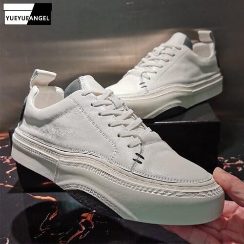 White Genuine Leather Shoes Men Spring Autumn Round Toe Platform Casual Shoes Vintage Lace Up Work Sneakers Zapatos Hombre