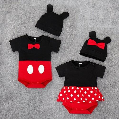 Summer Bodysuit Baby Disney Newborn Short Sleeve Rompers+Hat Cute Mickey Mouse Clothing Suits Boys Girls Jumpsuits Casual O-neck
