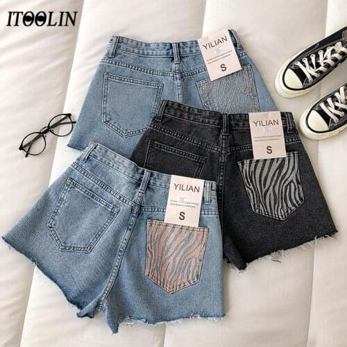 ITOOLIN Summer 2021 Women Denim Shorts Printed High Waisted Wide Leg Ripped Jeans Tassel Pockets Streetwear Hot Shorts