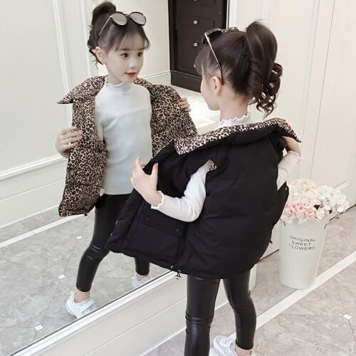 Girls Fashion Reversible Garment Vest Coat Fall Winter Kids Thick Cotton Padded Waistcoat Childrens Leopard Wadded Jacket P266