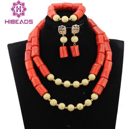Nigerian Wedding African Coral Beads for Brides/Bridegroom, Quality Coral Bead Statement Necklace Set Free Shipping CNR785