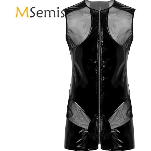 Lingerie See-through Zipper Bodysuit Men Mesh Patchwork Round Neck Sleeveless Wet Look Patent Leather Bugle Pouch Short Jumpsuit