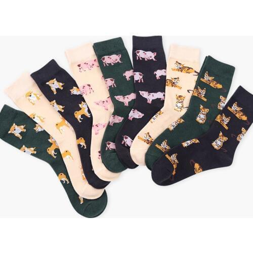 Skinfullysweet Ladies Socks Cute Cotton Animal Shiba Inu Orange Cat Pig Happy Cartoon Funny Socks Novelty Kawaii Cat Girl