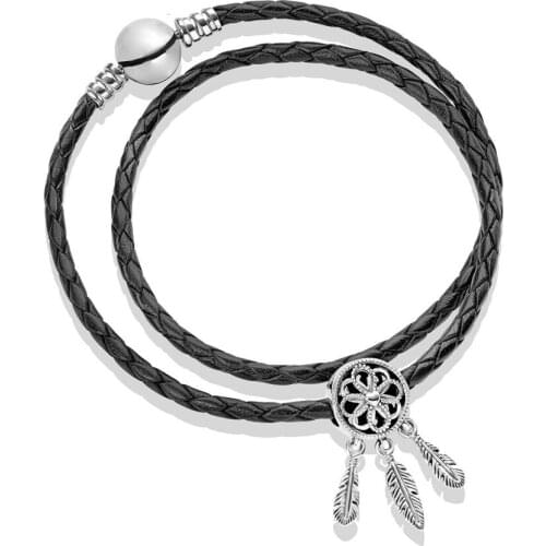 NEW 100% 925 Sterling Silver Genuine Charm Holy Feathers and Black Leather Hand Strap Set Wedding Vintage Jewelry 2018