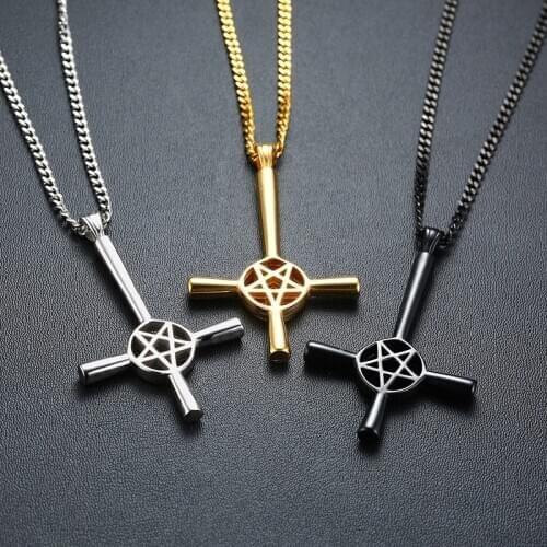 Modyle 2020 New Inverted Cross Pentagram Star Pendant Necklace for Men Stainless Steel Lucifer Satan Male Jewelry