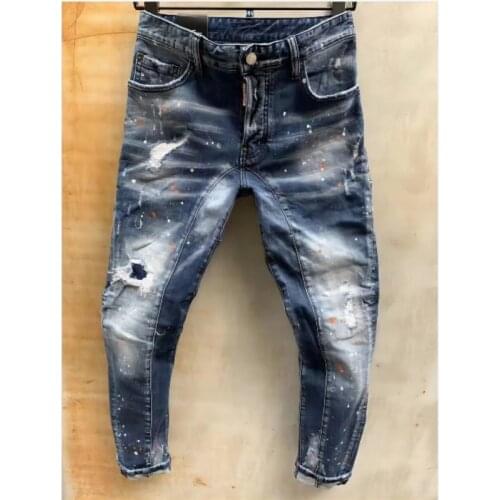 New DSQ2 Mens Skinny Jeans With Ripped Holes And elastic Paint Spray Blue Stitching Beggar Pants T109