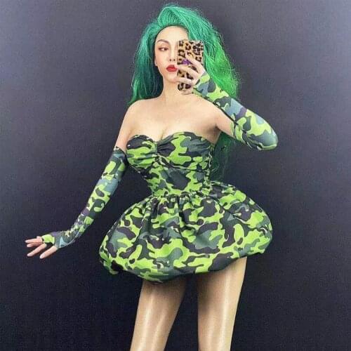 New Nightclub Dj Ds Stage Performance Green Camouflage Dress Female Singer Modern Jazz Pole Dance Clothing Rave Outfits DWY6107
