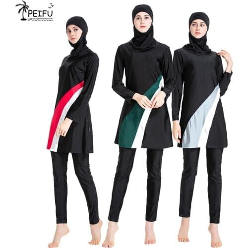 PEIFU Hijab Swimsuit New Burkini Long Sleeve Muslimah Bathing Suit Women Islamic Habit Femme Burkinis Patchwork Color Muslim