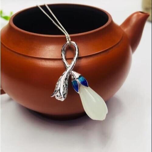 S925 Silver Chinese Hand-carved He Tian Jade Pendant Inlaid With White Magnolia Necklace Lucky Amulet Fine Jewelry Gift