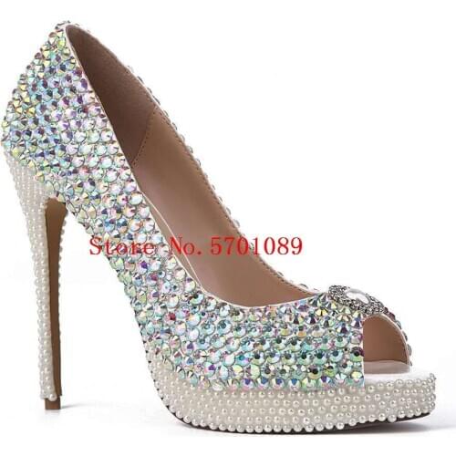 Bling Bling Diamonds Pumps Handmade 120mm Sparkling Pearl Heels Peep Toe Platform Bridal Shoes Party Crystal Wedding Shoes