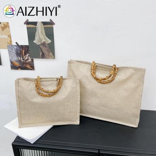 Women Beach Vacation Linen Shopping Bag Large Capacity Casual Ladies Small Tote Handbag Leisure Shoulder Pouch