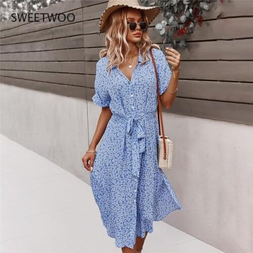 2021 Spring New Bandage Dress Women Casual Short Sleeve Button Floral Print Dress For Woman Summer Holiday Style Dress