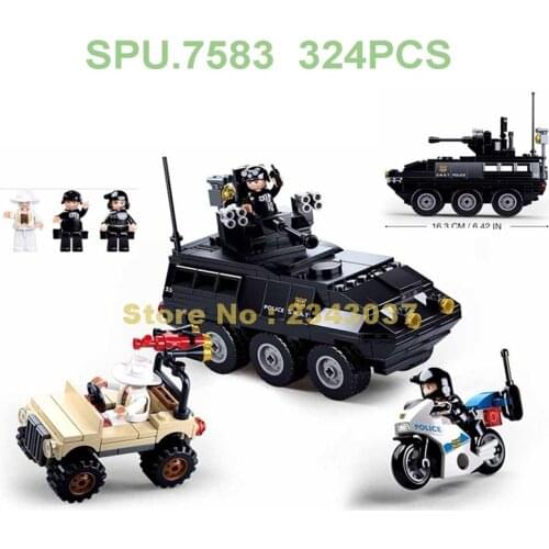 Sluban 0655 324pcs Police Ww2 Military Swat Armoured Vehicle Army Truck Motorcycle Building Blocks Toy