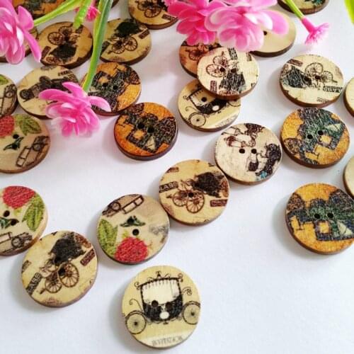 50Pcs Mixed Classic Car buttons 20mm 2 Holes Random Round Wooden Buttons Scrapbooking DIY Garment Accessories