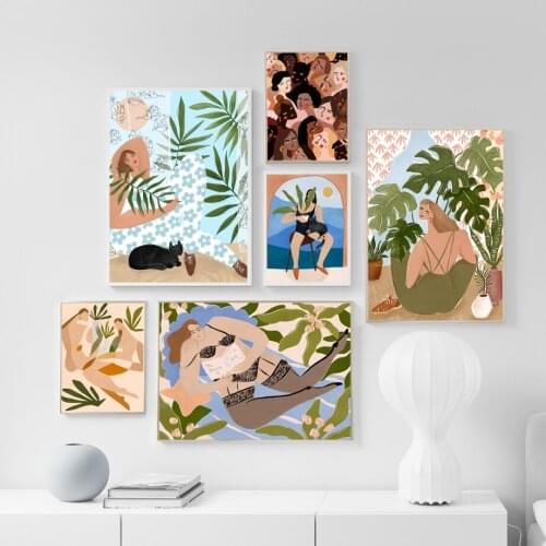 Abstract Girl Leaf Plant Scenery Wall Art Canvas Painting Vintage Nordic Posters and Prints Wall Pictures for Living Room Decor